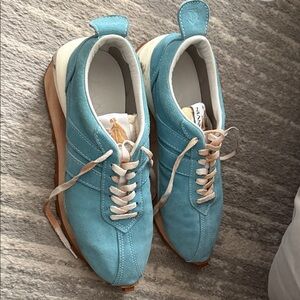 Blue Suede Sneakers with White Accents and distressed laces